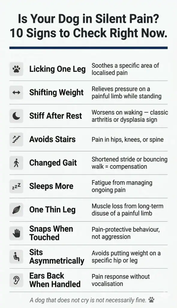 Vertical infographic titled "Is Your Dog in Silent Pain?" listing 10 behavioral signs like shifting weight, stiff after rest, and avoiding stairs.