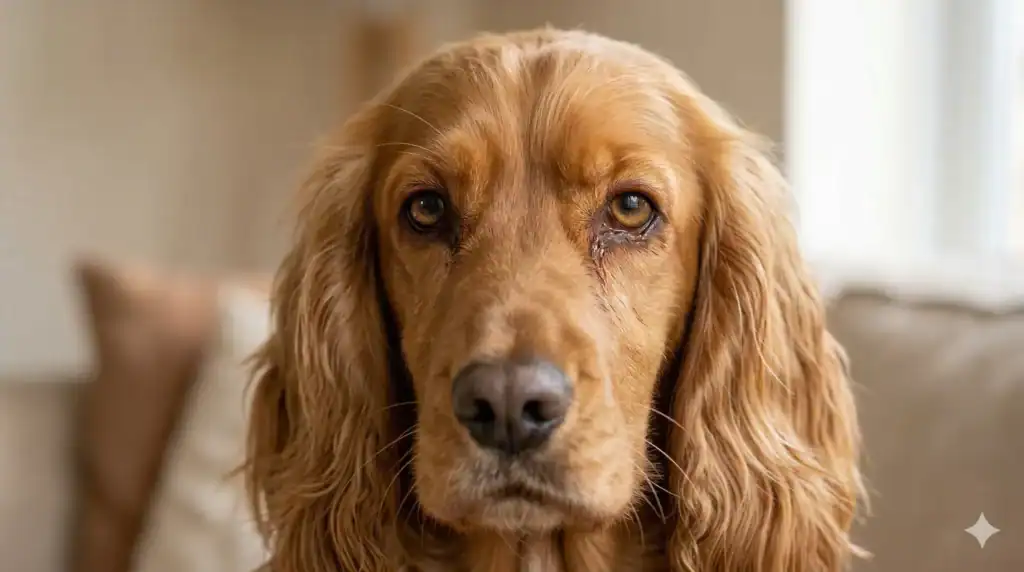 Close-up of a Cocker Spaniel showing brownish-red tear staining and discharge in the inner corner of the eye.