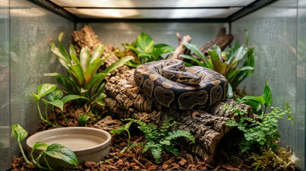 A ball python coiled on cork bark inside a naturalistic terrarium with lush plants and cypress mulch substrate showing condensation for humidity.