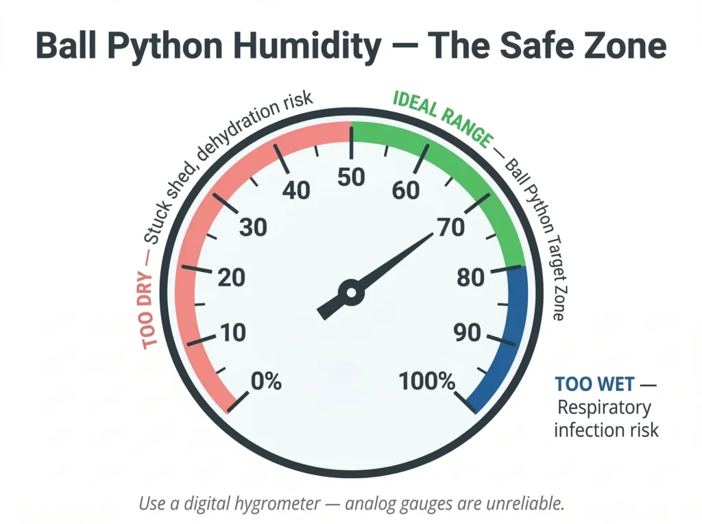 A circular humidity gauge diagram showing the ideal 60% to 80% range in green for ball pythons, with red and blue zones for too dry or too wet.