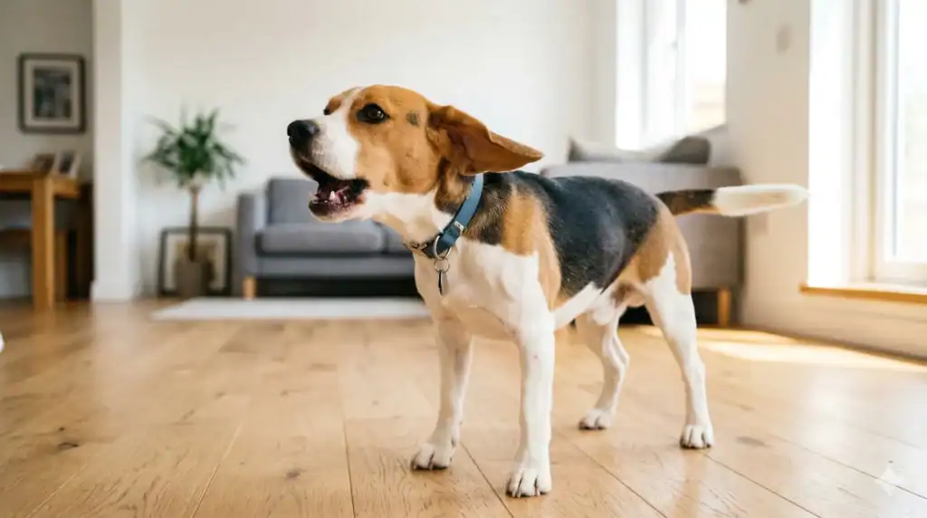 A tricolor Beagle standing on a hardwood floor, barking with an alert expression and ears raised in a bright living room.