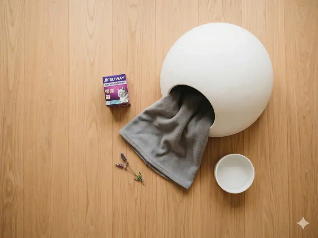 Overhead flat-lay of a white igloo cat bed, soft grey blanket, calming diffuser box, and a water bowl on a light wood floor.