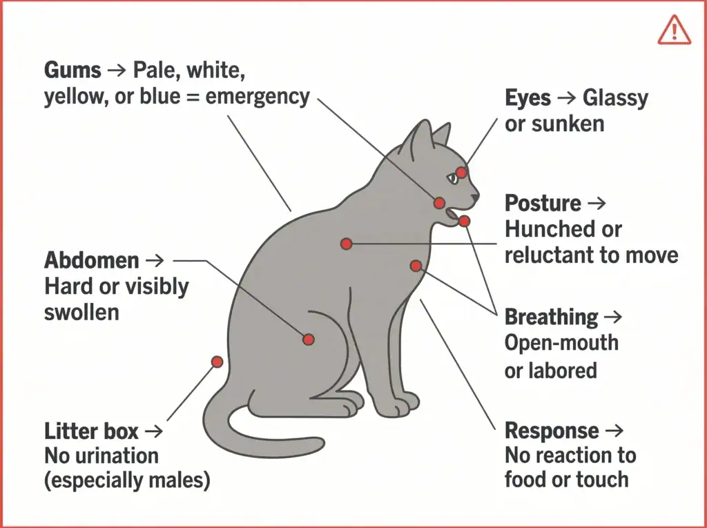 A medical illustration of a cat with red labels pointing to critical emergency signs like pale gums, labored breathing, and litter box issues.