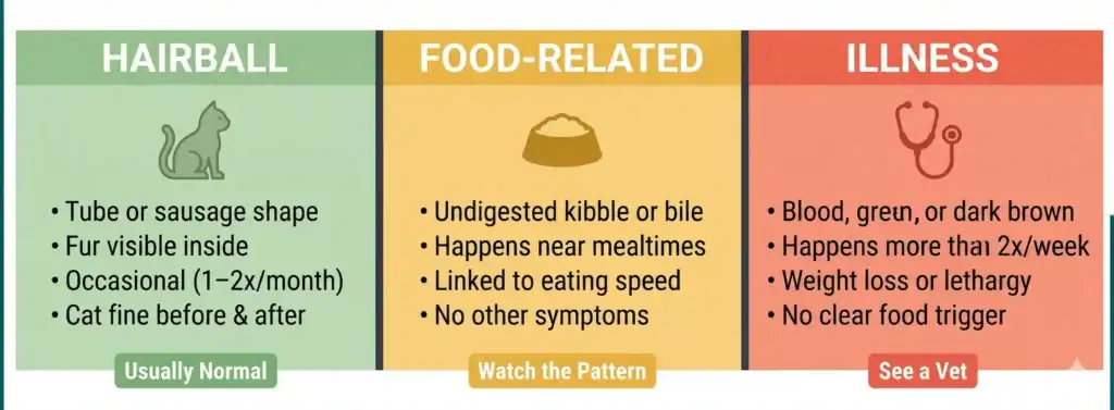 Three-panel infographic comparing hairballs, food-related issues, and illness symptoms in cats with a green, yellow, and red color-coded system.