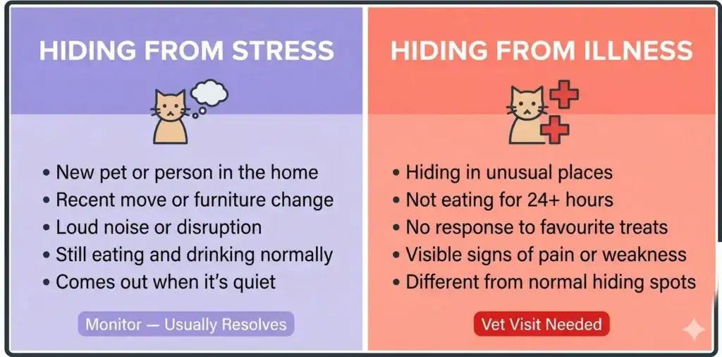 A two-panel infographic comparing "Hiding From Stress" (purple) and "Hiding From Illness" (red) with bullet points for symptoms and advice.