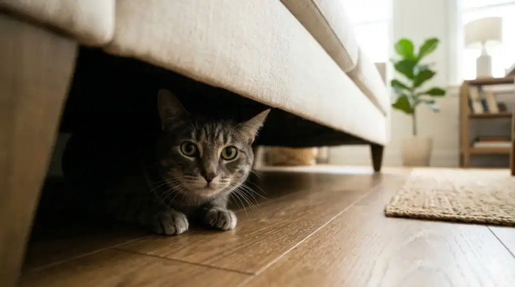A grey tabby cat partially hidden under a cream-colored sofa, looking out with wide, alert eyes in a bright living room.