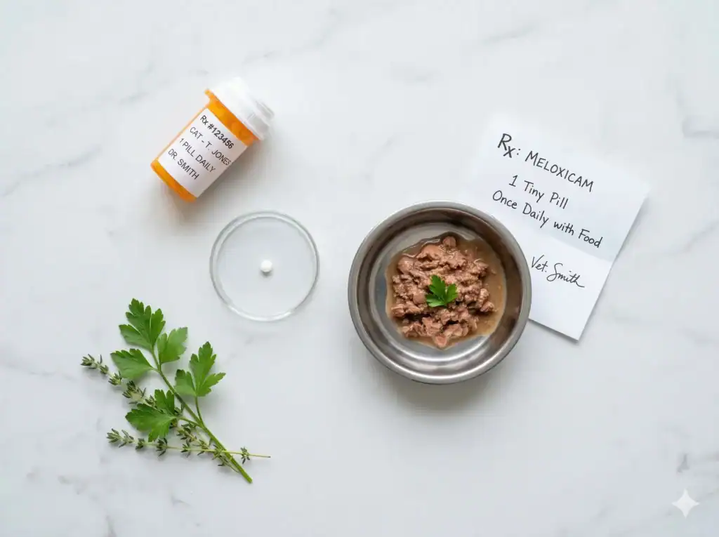 A clinical flat-lay photograph of a cat's prescription pill bottle, a small white pill in a dish, and a food bowl on a white marble surface