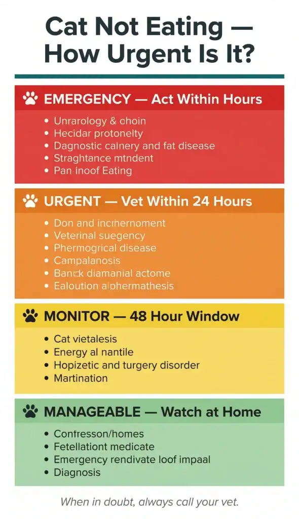 A vertical infographic titled "Cat Not Eating โ How Urgent Is It?" with color-coded sections for emergency, urgent, monitor, and manageable symptoms.