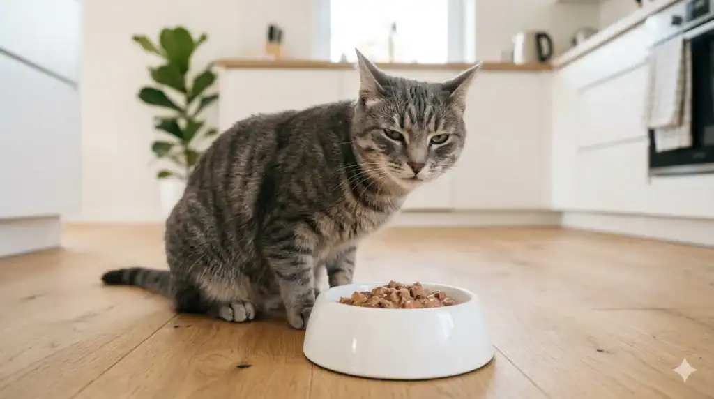 A grey tabby cat sitting beside a full bowl of food but looking away with a tired, disinterested expression.