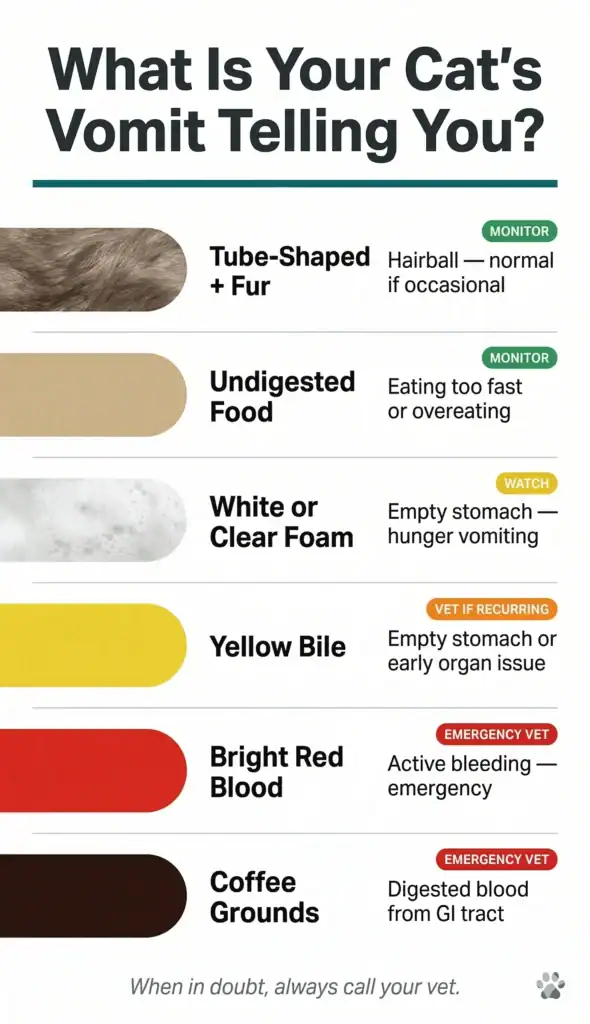 Vertical infographic showing different cat vomit colors (hairballs, food, bile, blood) with descriptions and urgency levels for each.
