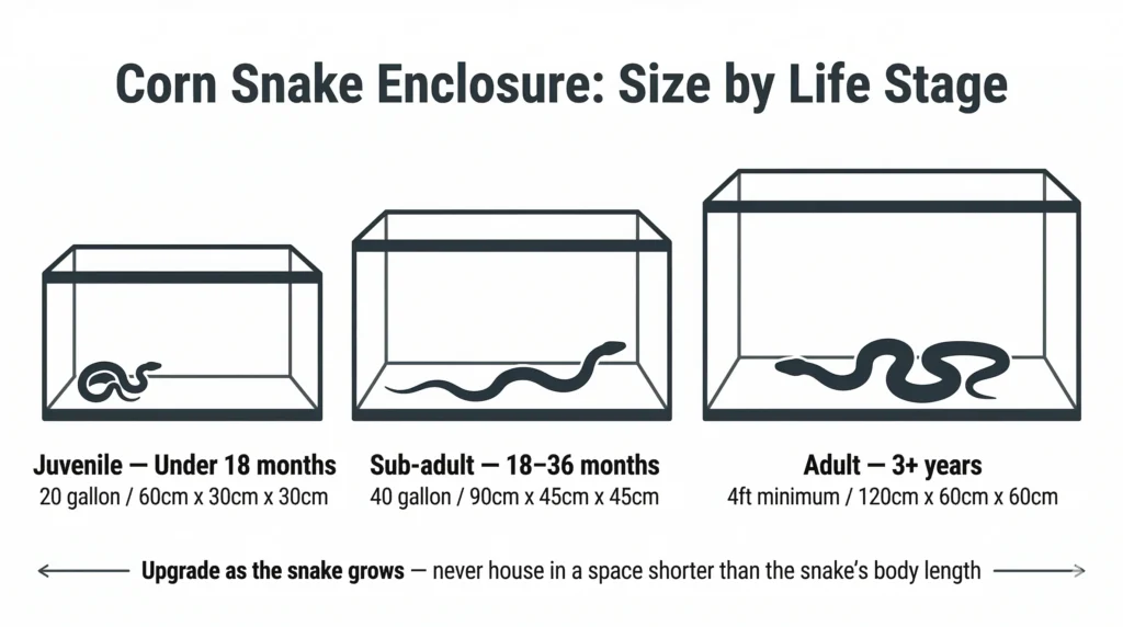 A digital illustration showing the recommended terrarium sizes for juvenile, sub-adult, and adult corn snakes in gallons and centimeters.
