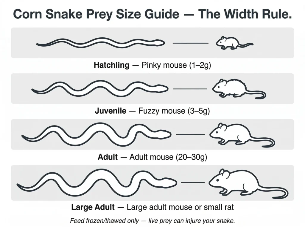 An infographic illustrating the "width rule" for feeding corn snakes, matching snake body thickness to appropriate mouse sizes from pinkies to large adults.