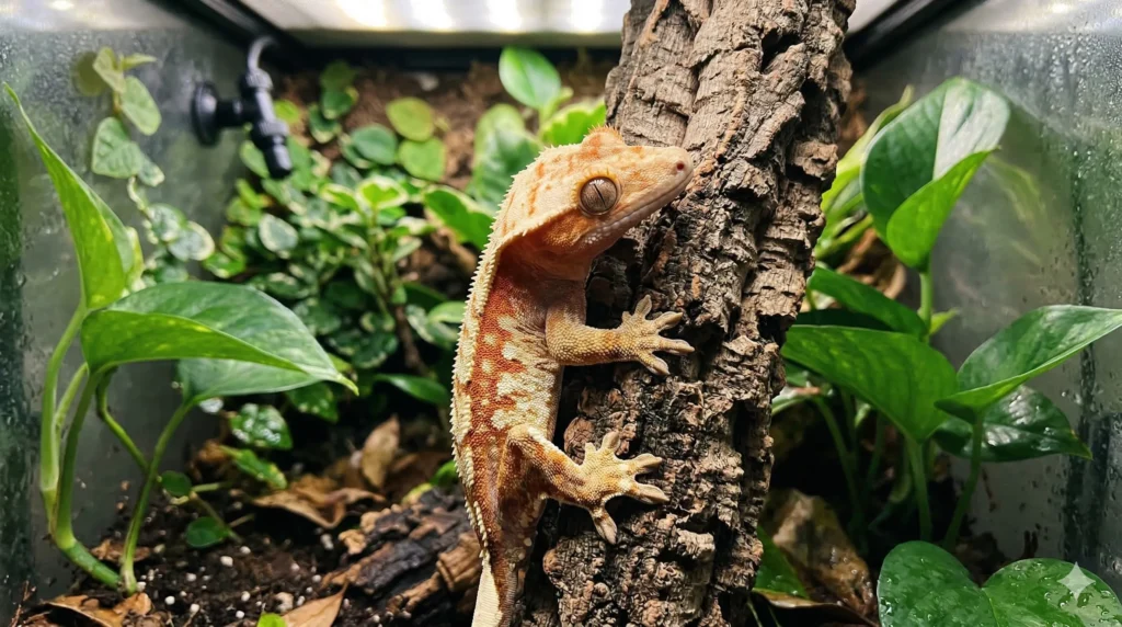 A flame morph crested gecko with orange-red patterning climbing on cork bark inside a lush bioactive enclosure with live pothos plants.