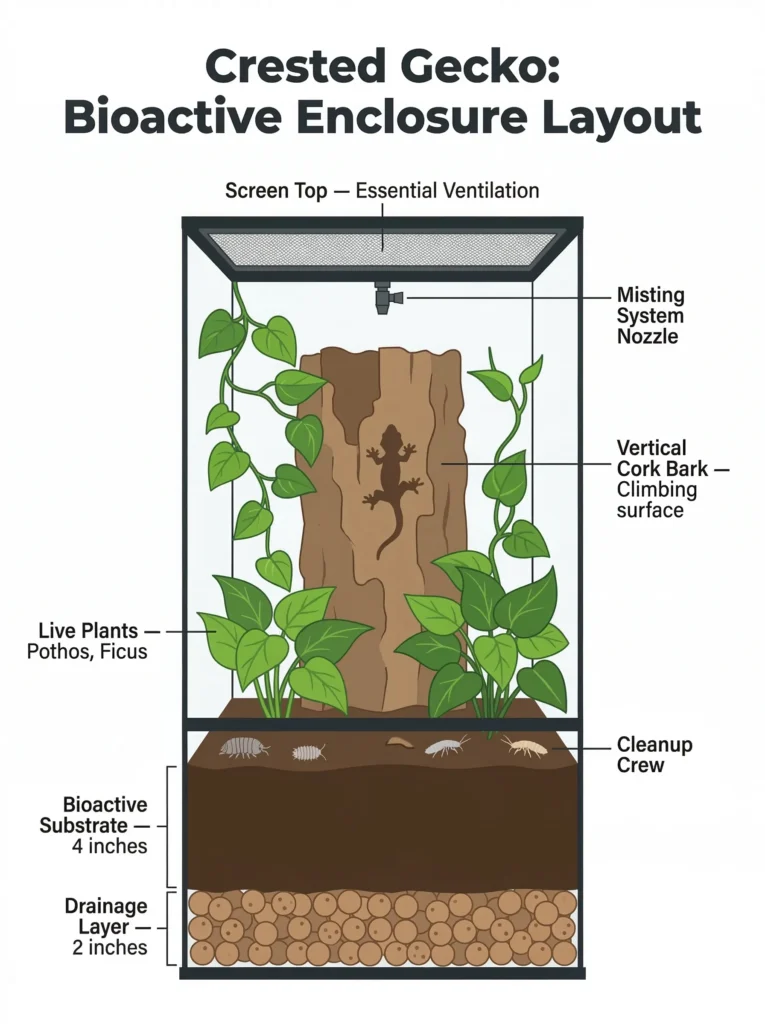 A vertical infographic showing the layers of a bioactive crested gecko enclosure, including the drainage layer, substrate, cleanup crew, and live plants.