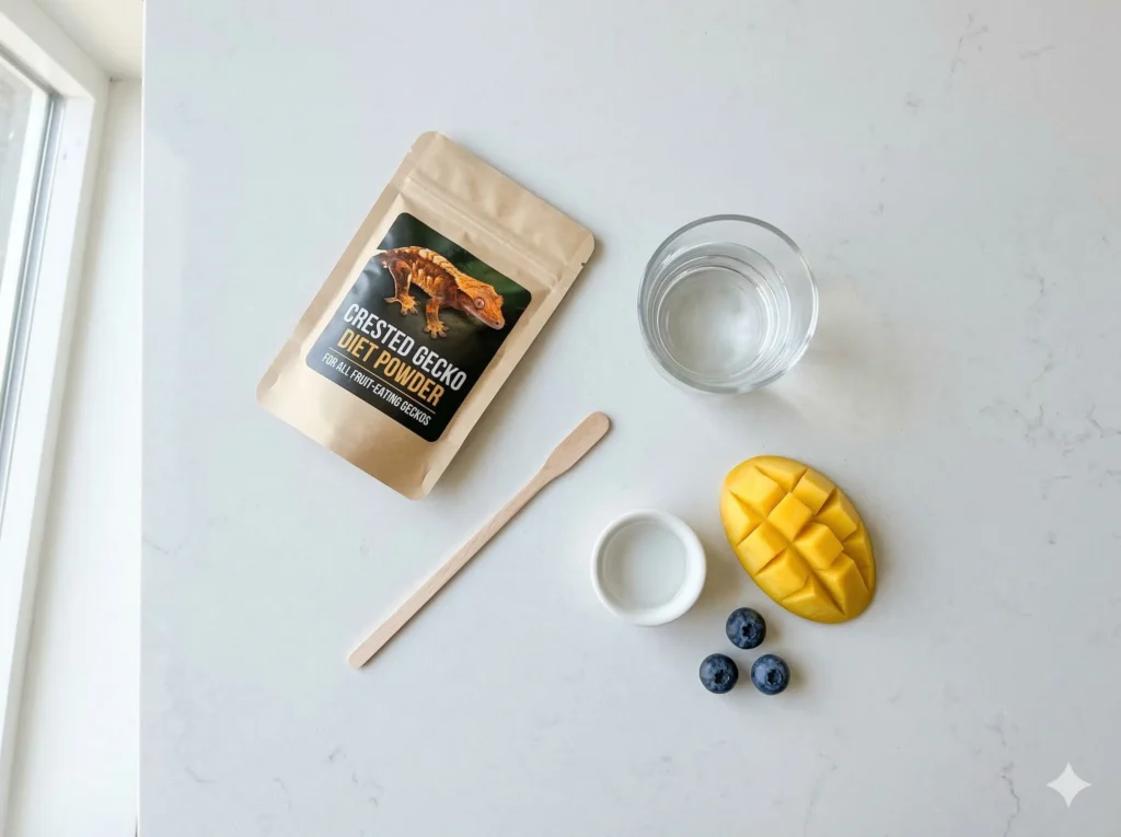 Overhead flat-lay of crested gecko diet powder, a mixing stick, feeding cup, and fresh fruit including mango and blueberries on a grey countertop.