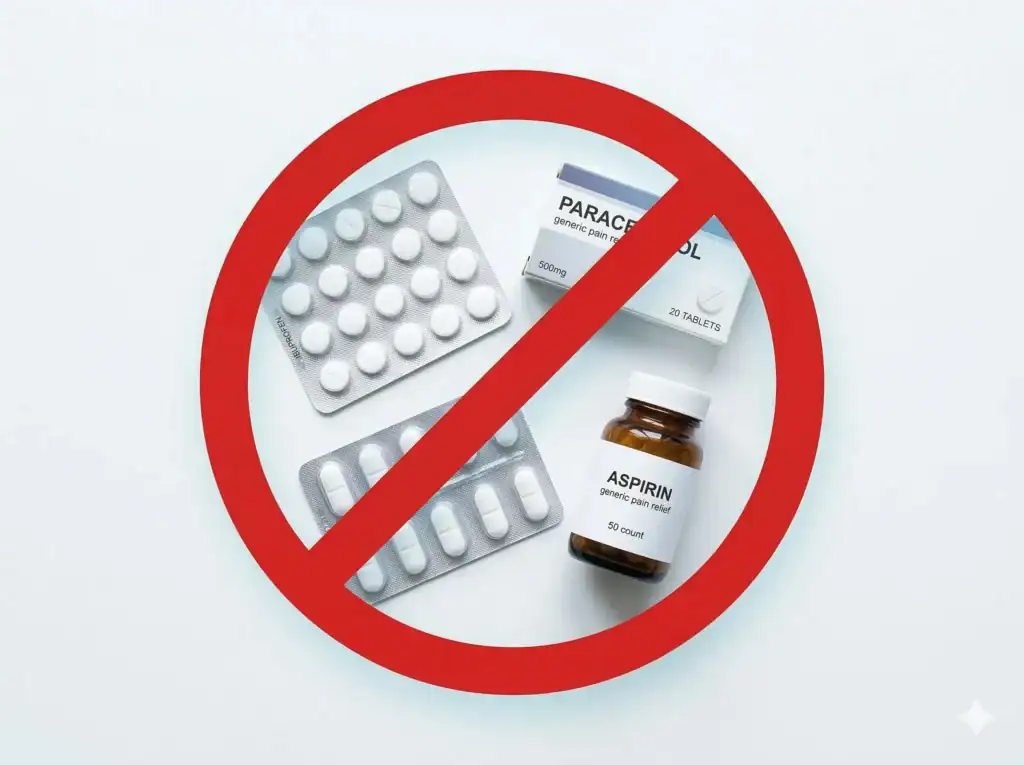 Flat-lay photo of Ibuprofen, Paracetamol, Naproxen, and Aspirin with a large red prohibited symbol overlay to warn against giving human meds to pets.