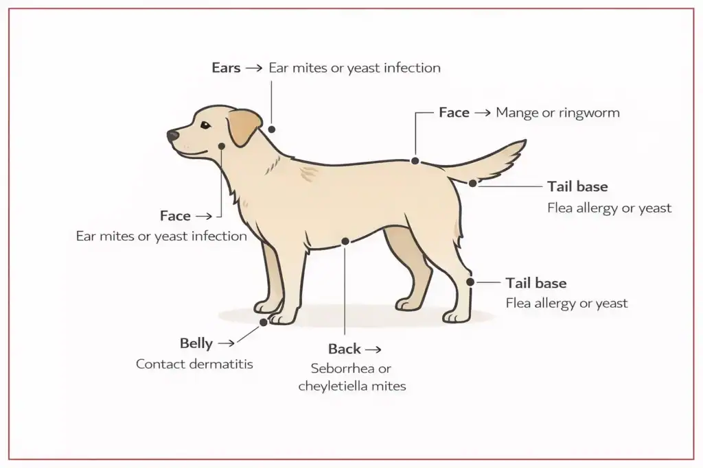 An anatomical diagram of a dog's body mapping common areas for skin irritation, hotspots, and allergies.