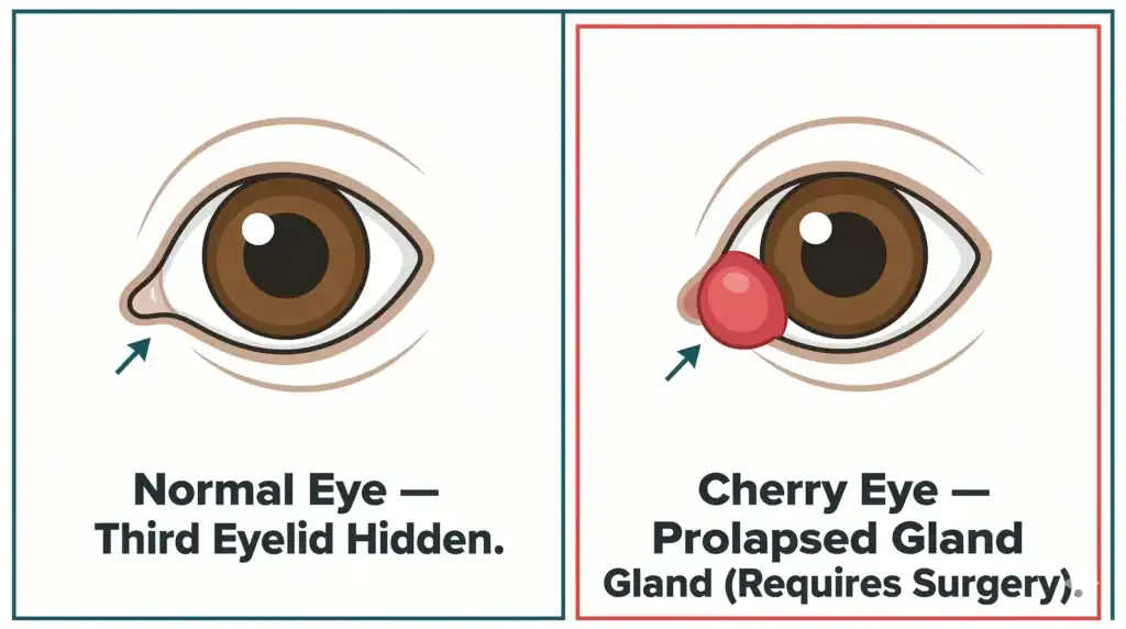 A side-by-side medical illustration comparing a normal dog eye with hidden third eyelid to an eye with a prolapsed gland, known as cherry eye.