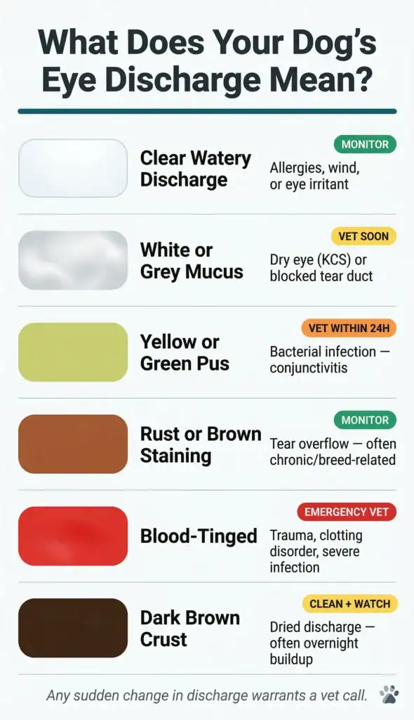 A vertical infographic titled "What Does Your Dog's Eye Discharge Mean?" showing color swatches for clear, yellow, green, and bloody discharge with urgency levels.