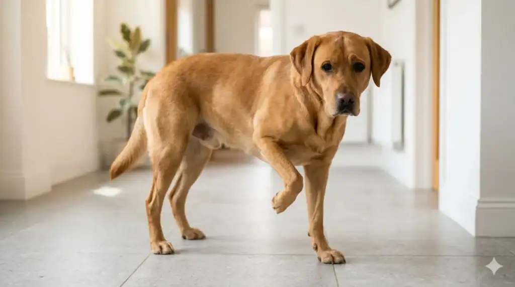 Vertical infographic titled "Is Your Dog in Silent Pain?" listing 10 behavioral signs like shifting weight, stiff after rest, and avoiding stairs.