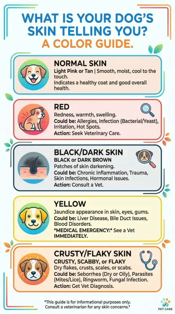 A vertical infographic titled "What Is Your Dog's Skin Telling You? A Color Guide" explaining symptoms for normal, red, black, yellow, and crusty dog skin.