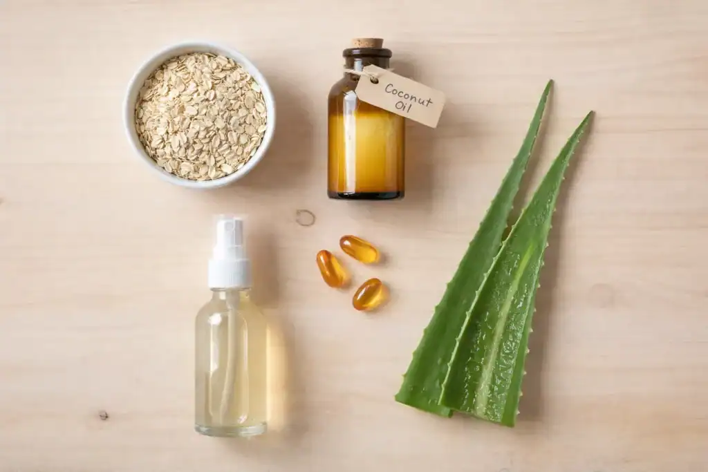 A top-down flat-lay photograph of natural home remedies for dog skin issues, featuring ingredients like coconut oil, oatmeal, and soothing herbs on a clean surface.