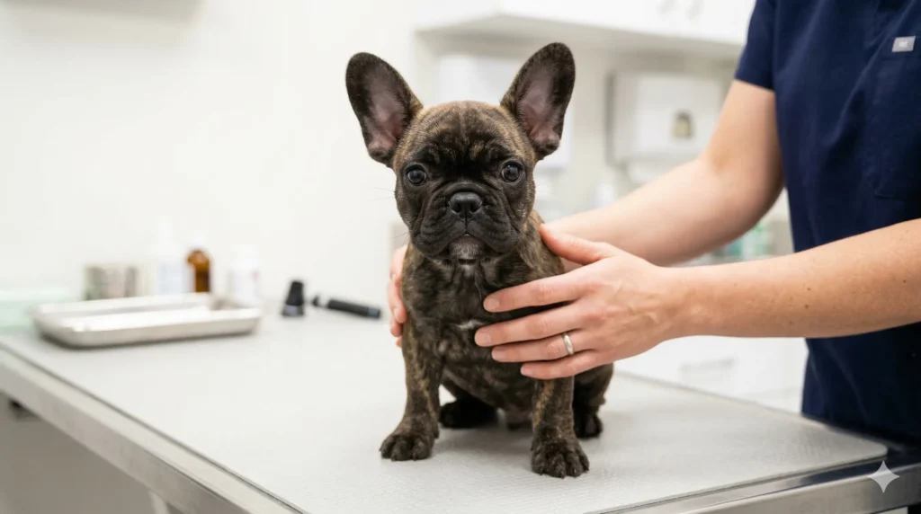 A brindle French Bulldog puppy sitting on a white veterinary examination table while a vet performs a physical health assessment.