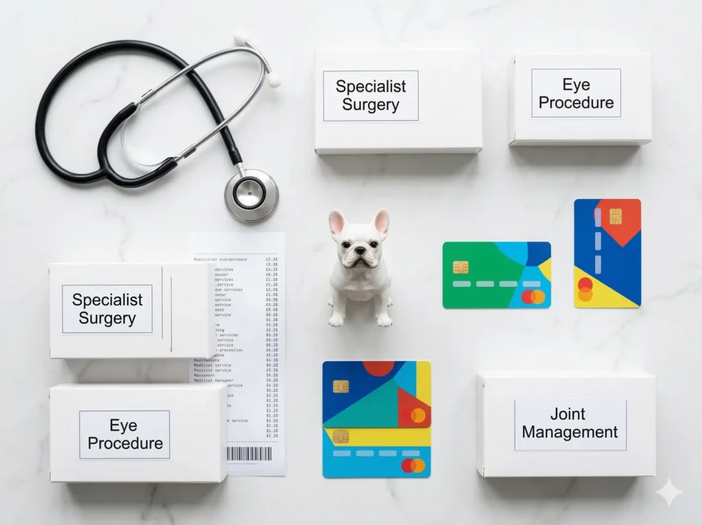 An overhead flat-lay representing the high cost of brachycephalic health care, featuring medical boxes for surgery, a stethoscope, and credit cards.