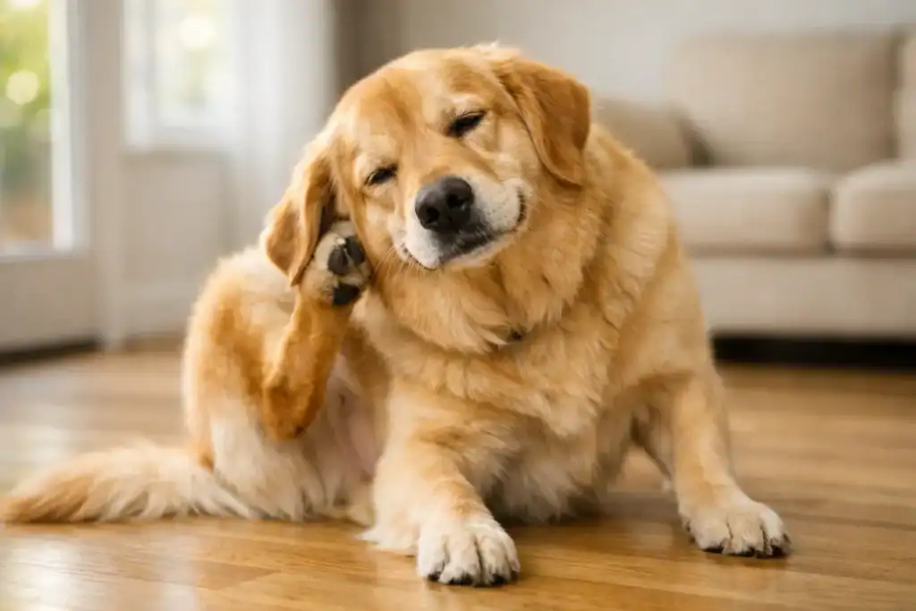 A close-up, photorealistic shot of a Golden Retriever sitting in the grass and using its hind leg to scratch behind its ear.