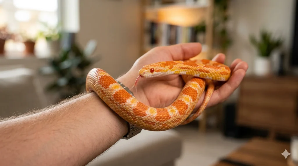 A close-up of an orange and white amelanistic corn snake being held calmly on a person's forearm, showing its exploratory tongue flick.