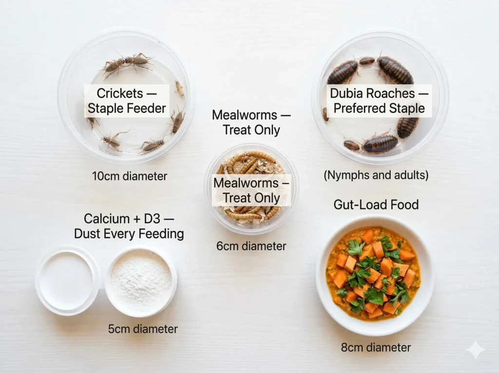 Overhead flat-lay of leopard gecko feeders including crickets, dubia roaches, and mealworms, alongside calcium powder and gut-load food.