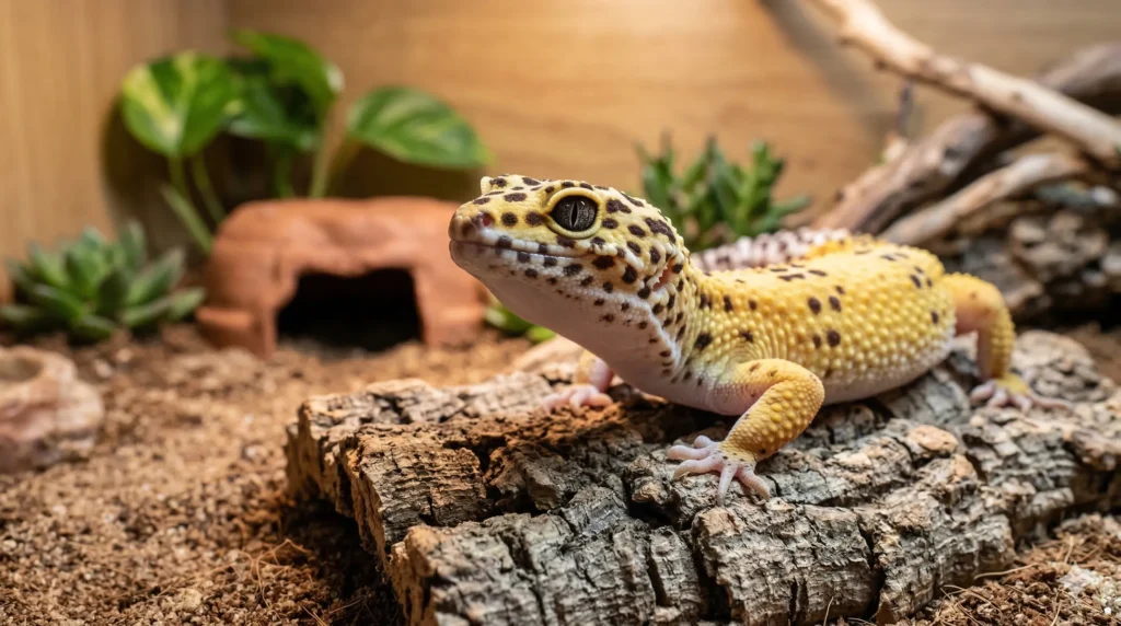 A high-yellow leopard gecko resting on cork bark inside a naturalistic terrarium with live plants and a terracotta hide.