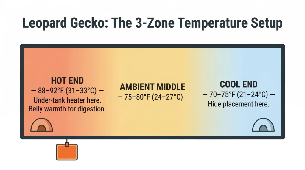 A digital illustration of a leopard gecko terrarium showing the three-zone temperature setup from the hot end to the cool end.