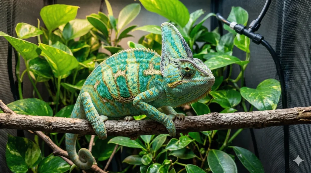 A male veiled chameleon with bright teal and green coloration perched on a branch inside a densely planted screen enclosure.