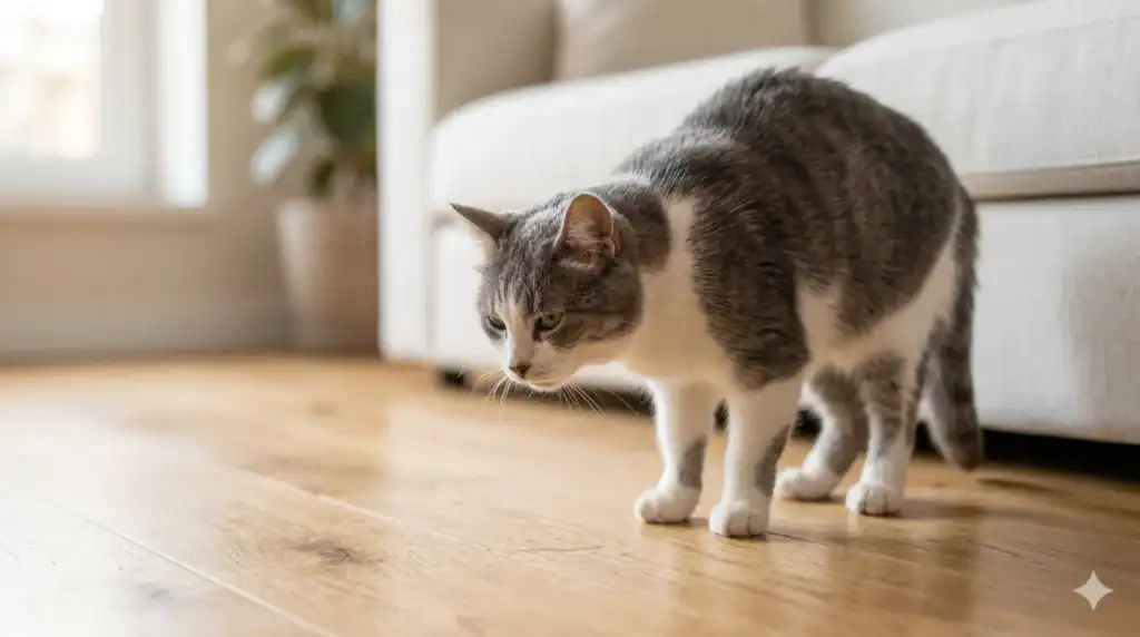 A grey and white cat in a hunched, uncomfortable posture on a hardwood floor, showing signs of nausea or post-vomiting.