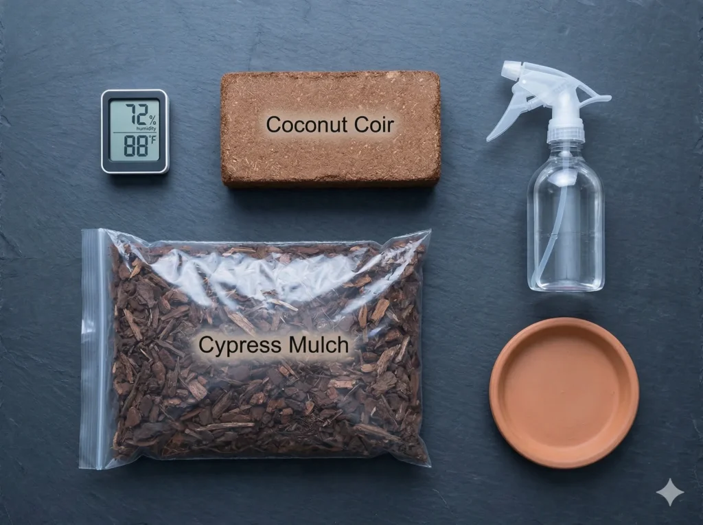 Overhead flat-lay of a digital hygrometer, coconut coir, cypress mulch, and a spray bottle on a dark slate surface for reptile habitat care.