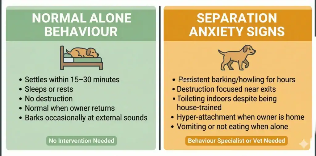 A two-panel comparison infographic showing the difference between normal alone behavior (green) and signs of canine separation anxiety (orange).