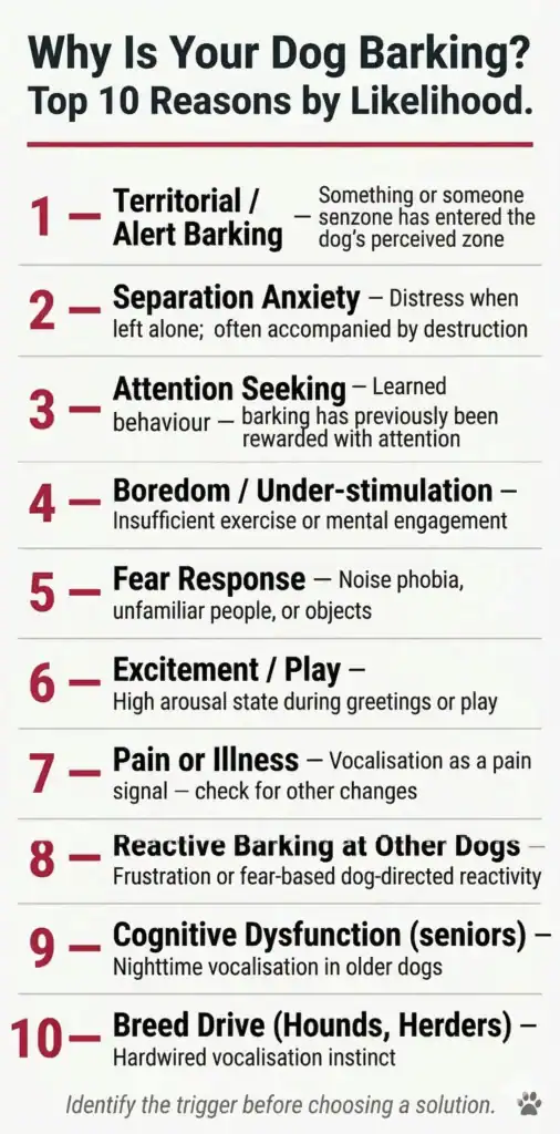 A vertical infographic titled "Why Is Your Dog Barking?" ranking the top 10 causes from territorial alerts to cognitive dysfunction.